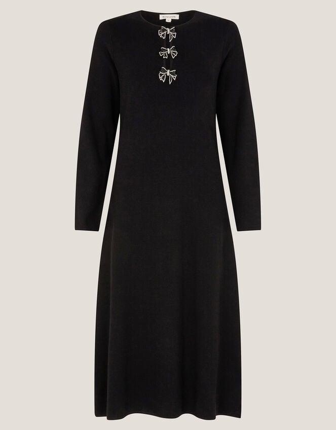 Bee Bow Knit Midi Dress, Black (BLACK), large