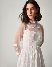 Lorelai Long Sleeve Floral Embellished Mesh Wedding Dress, Ivory (IVORY), large