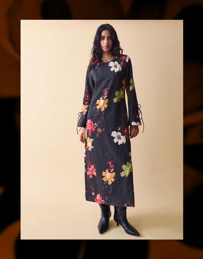 Clemence Camille Floral Print Jacquard Midi Dress, Black (BLACK), large