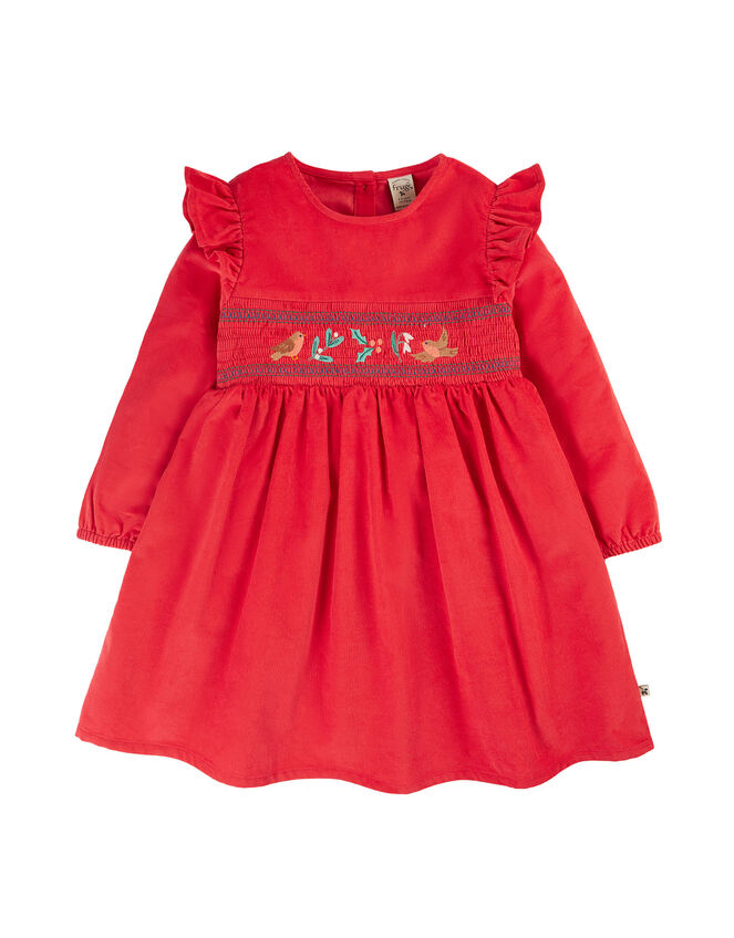 Frugi Ruffle Embroidered Christmas Dress, Red (RED), large
