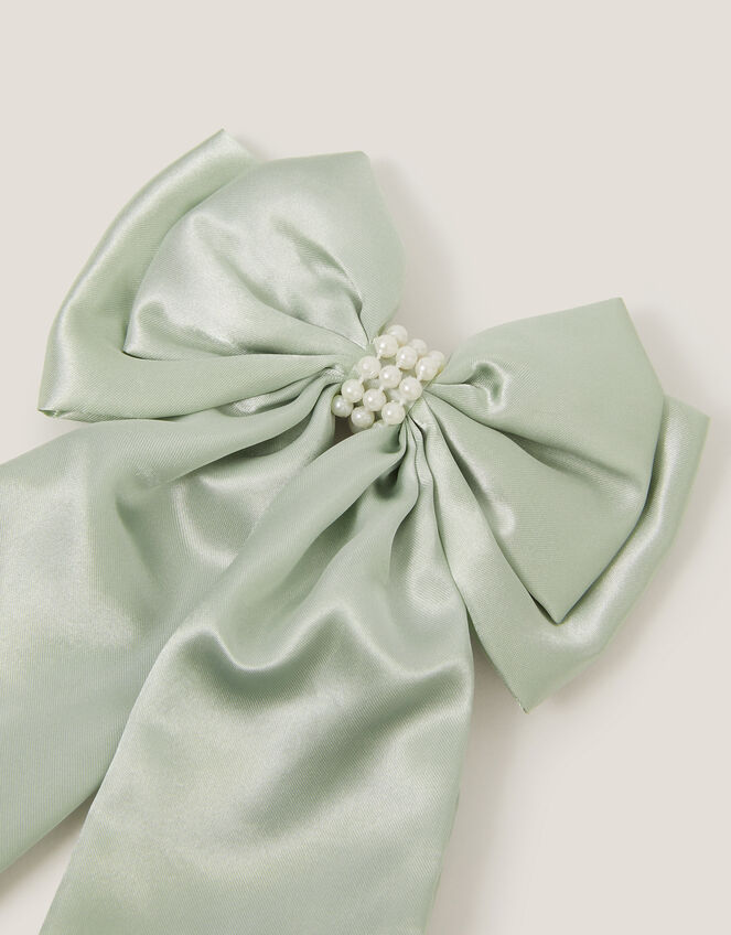Long Pearl Satin Bow Hair Clip, Green (SAGE), large