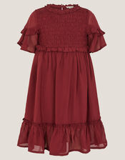 Frilly Smocked Satin Dress, Red (BURGUNDY), large