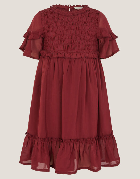 Frilly Smocked Satin Dress, Red (BURGUNDY), large