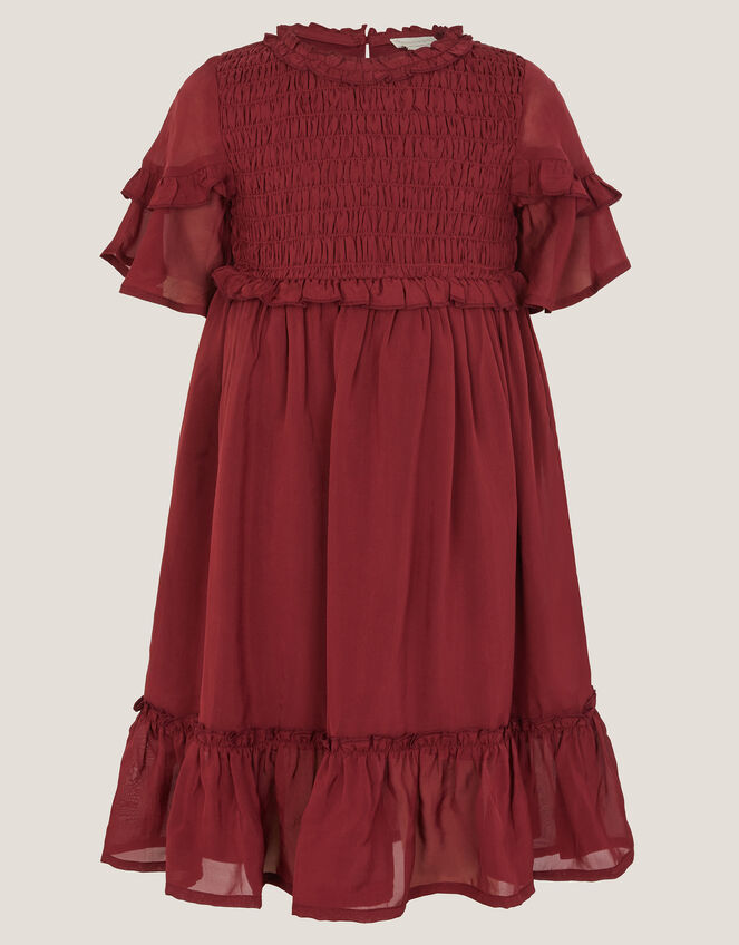 Frilly Smocked Satin Dress, Red (BURGUNDY), large