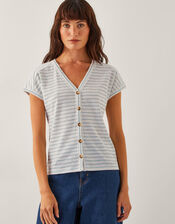 Sasha Button Stripe T-Shirt, Ivory (IVORY), large