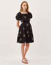 Puff Sleeve Floral Embroidered Dress, Black (BLACK), large