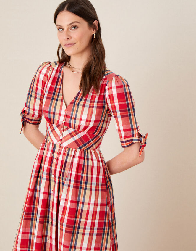 Check Midi Dress in Organic Cotton, Red (RED), large