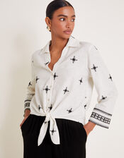 Eleanor Embroidered Tie Shirt, Ivory (IVORY), large