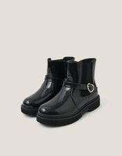Heart Buckle Glitter Patent Boots, Black (BLACK), large