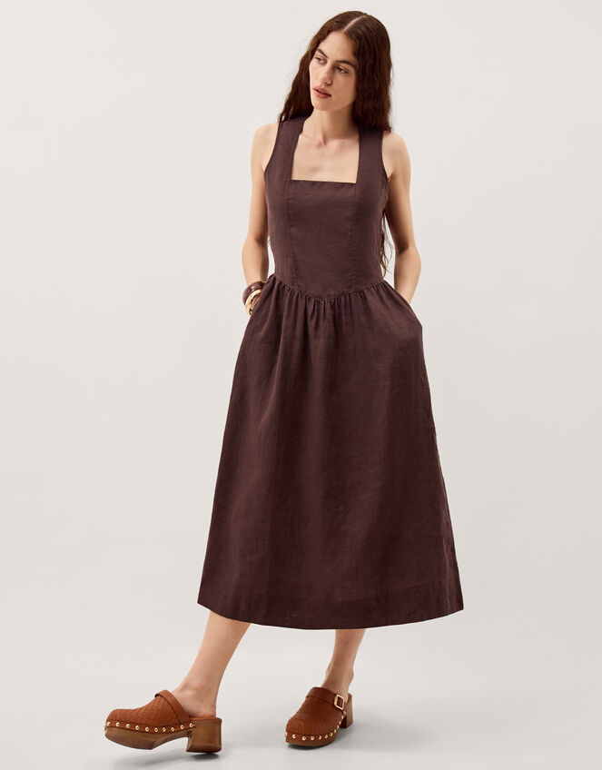 Lily Square Neck Linen Midi Dress, Brown (CHOCOLATE), large