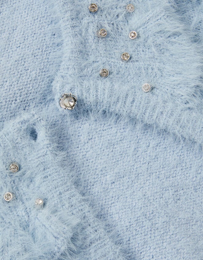 Embellished Collar Fuzzy Cardigan, Blue (BLUE), large