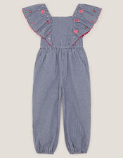 Floral Embroidered Gingham Jumpsuit, Blue (NAVY), large