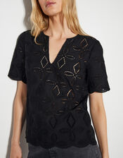 Brooke Short Sleeve Broderie Top , Black (BLACK), large
