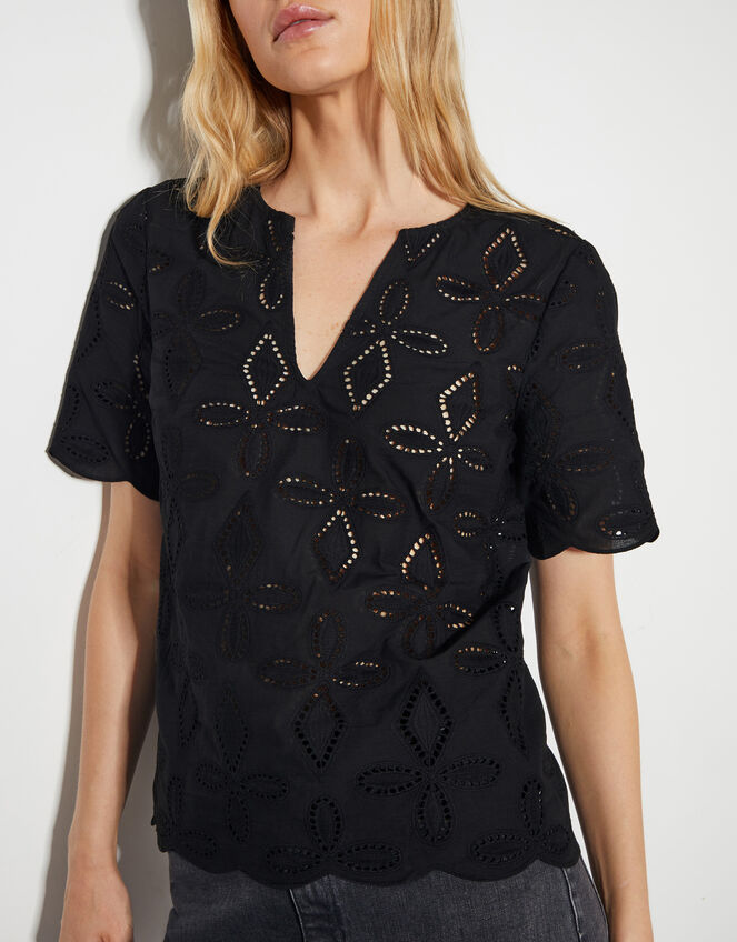 Brooke Short Sleeve Broderie Top , Black (BLACK), large