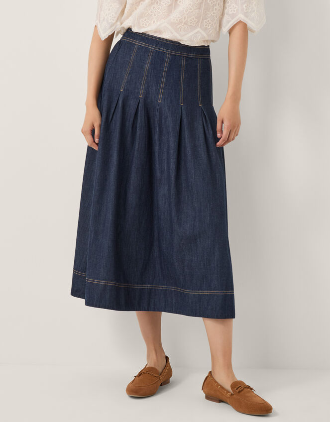 Darcie Pleated Denim Midi Skirt, Blue (INDIGO), large