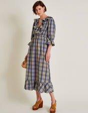 Daisy Check V-Neck Midi Dress, Natural (NATURAL), large