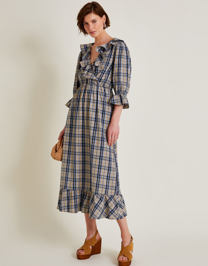 Daisy Check V-Neck Midi Dress, Natural (NATURAL), large