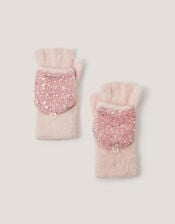 Fuzzy Sequin Capped Gloves, Pink (PINK), large