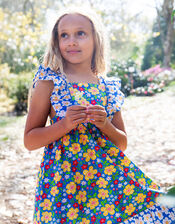 Frugi Audrey Floral Print Frill Dress, Blue (BLUE), large