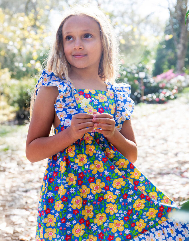 Frugi Audrey Floral Print Frill Dress, Blue (BLUE), large