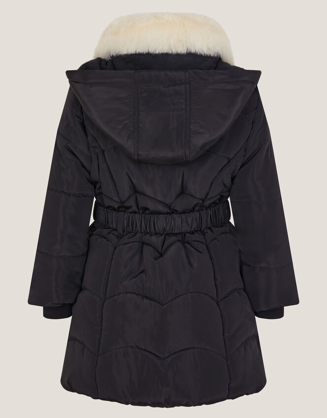 Fluffy Collar Belted Puffer Coat, Black (BLACK), large