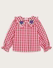Heart Collar Gingham Blouse, Red (RED), large