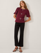 Brooke Diamanté Bow Ponte Top, Red (BURGUNDY), large