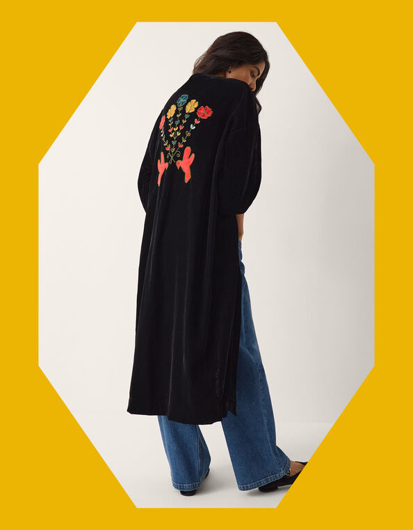 La Galeria Elefante Floral Embroidered Velvet Kimono, Black (BLACK), large