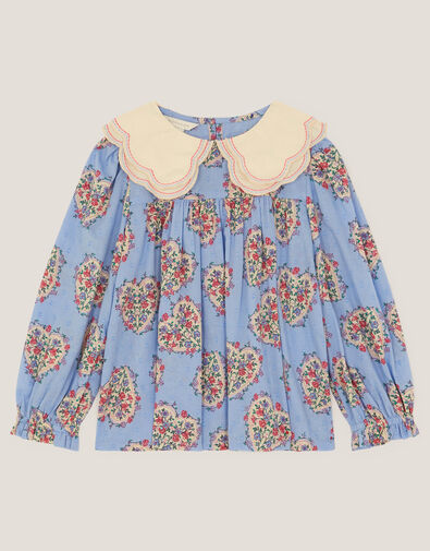 Heart Print Scallop Blouse, Blue (BLUE), large
