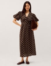 Paris Puff Sleeve Polka Dot Midi Dress, Brown (CHOCOLATE), large