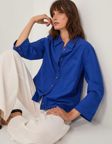 Thea Linen Blend Shirt, Blue (COBALT), large