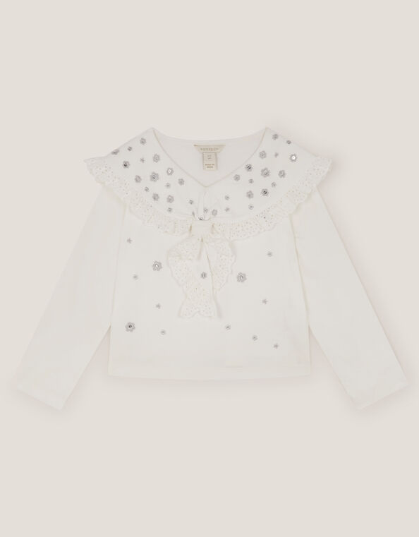 Embellished Broderie Sailor Collar Top, Ivory (IVORY), large