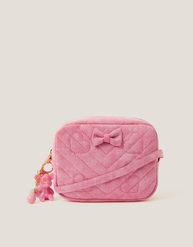 Heart Quilted Denim Cross Body Bag, , large