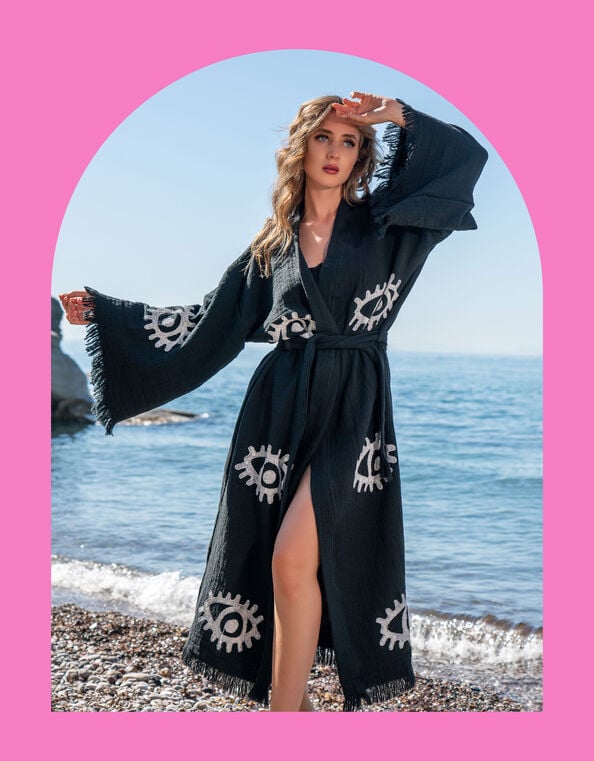 Meraki Beach Woodblock Print Kimono, , large