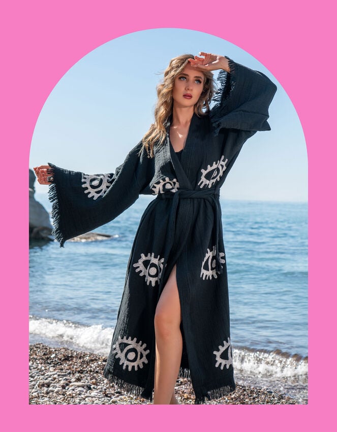 Meraki Beach Woodblock Print Kimono, , large