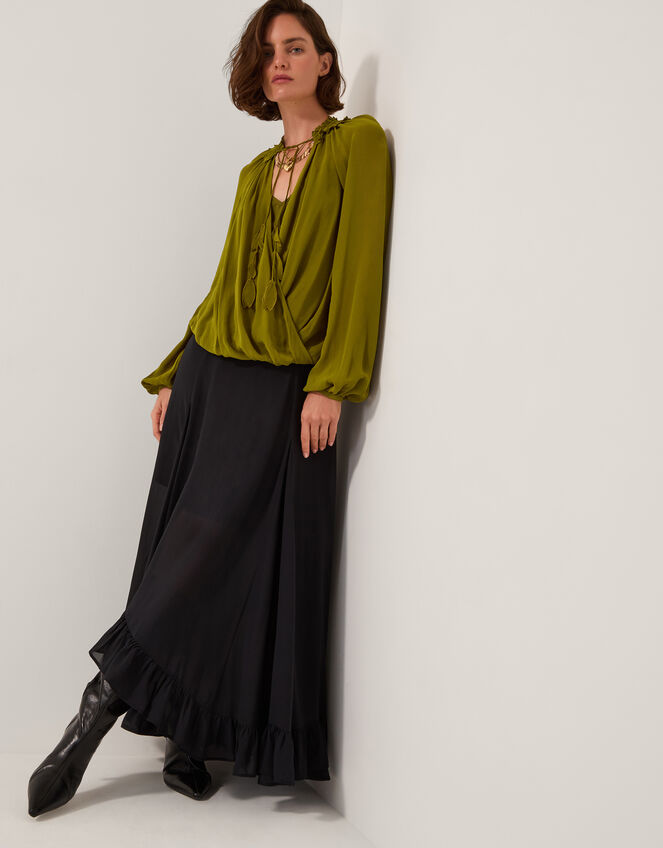 Ellie Frill Neck Wrap Blouse, Green (KHAKI), large