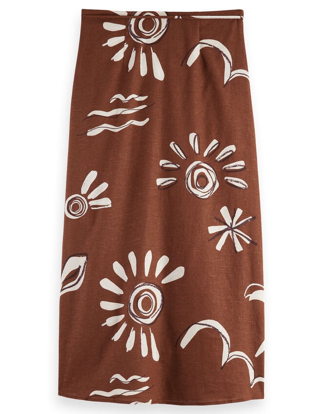 Abstract Print Midi Wrap Skirt, Brown (BROWN), large