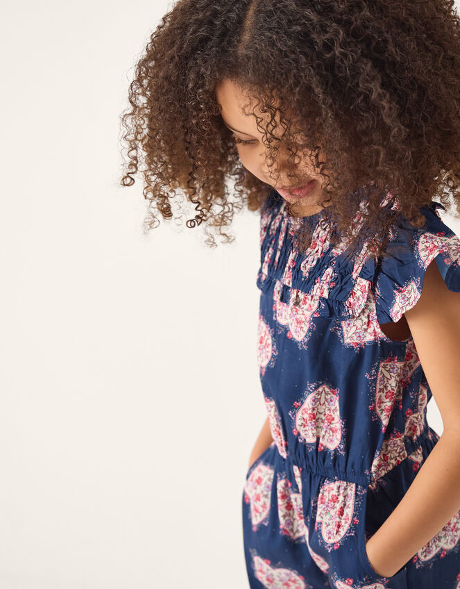 Heart Print Smock Jumpsuit, Blue (NAVY), large