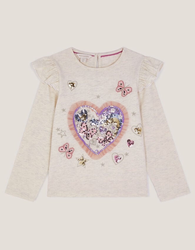 Sequin Heart Butterfly Long Sleeve Top, Ivory (IVORY), large