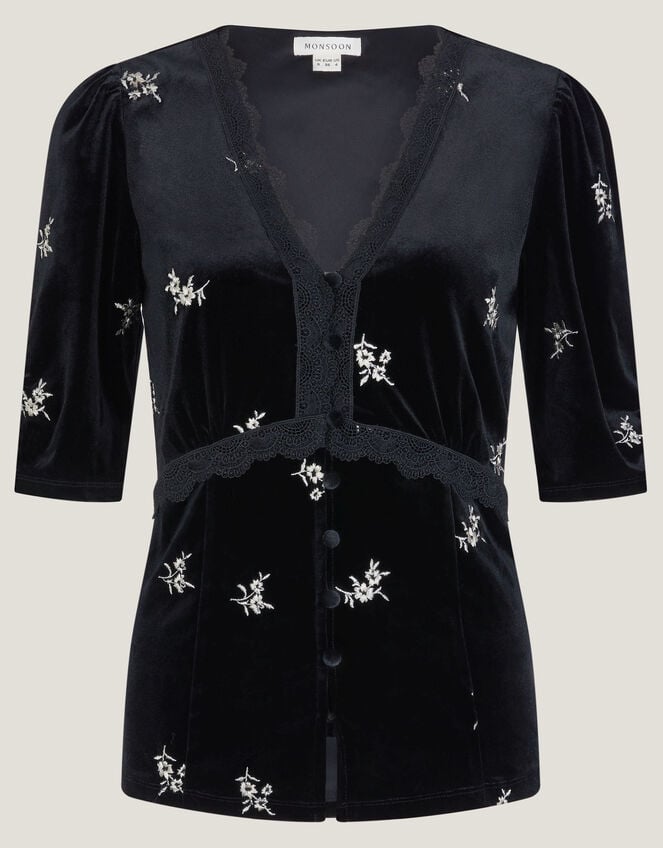 Erin Floral Lace Velvet Top, Black (BLACK), large