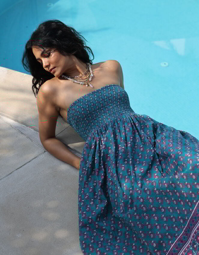 Dilli Grey Kaya Smocked Block Print Midi Skirt, Teal (TEAL), large