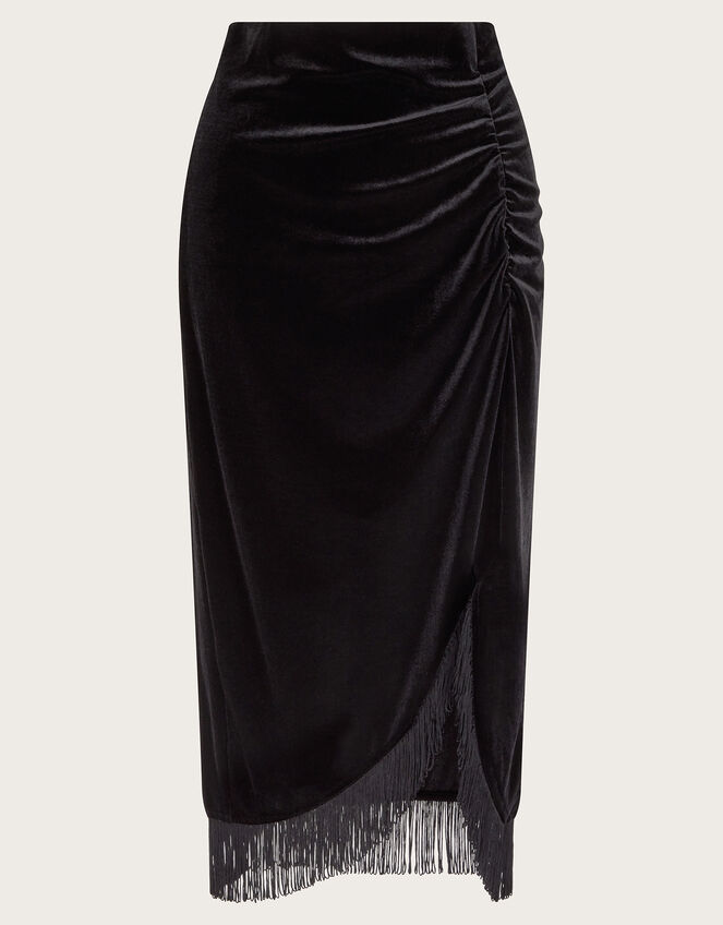Tia Velvet Tassel Midi Skirt, Black (BLACK), large