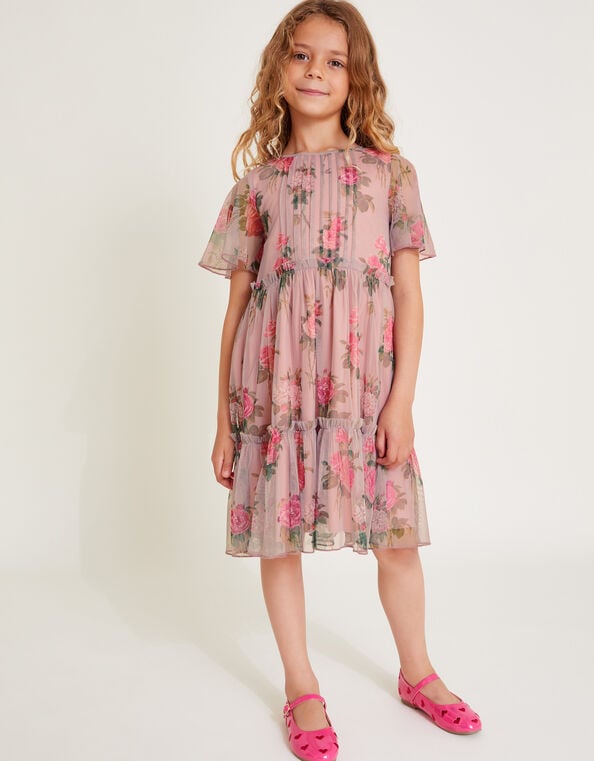 Guilia Flutter Sleeve Floral Tulle Dress, Pink (PINK), large