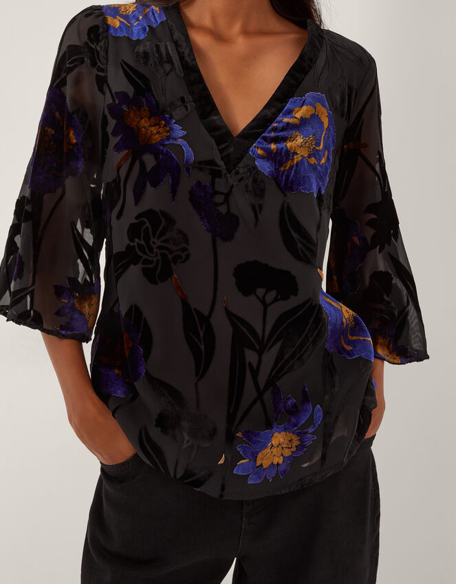 Giselle Floral Devoré Top, Blue (MIDNIGHT), large