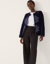 Delilah Embroidered Velvet Quilted Jacket, Blue (NAVY), large
