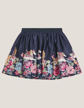 Floral Horse Print Satin Skirt, Blue (NAVY), large