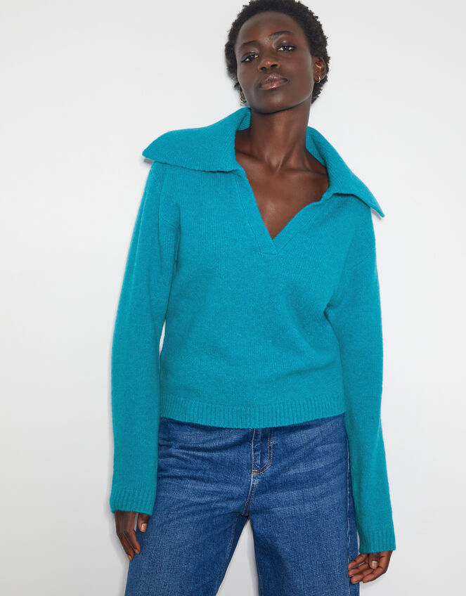 Clover V-Neck Collar Jumper, Blue (TURQUOISE), large