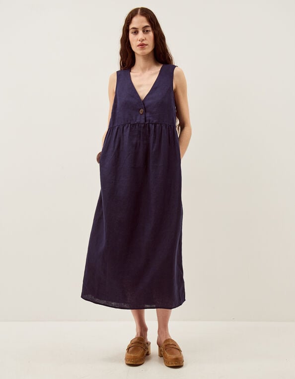 Posey Sleeveless Linen Midi Dress, Blue (NAVY), large