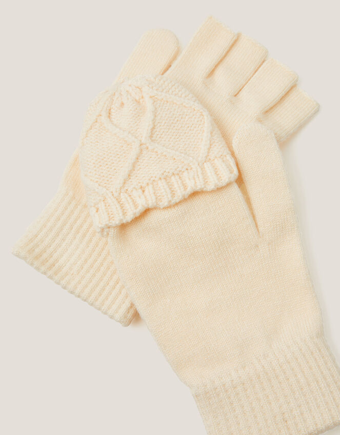 Diamond Fingerless Gloves with Mittens, Ivory (IVORY), large