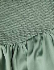 Long Sleeve Smocked Satin Dress, Green (GREEN), large